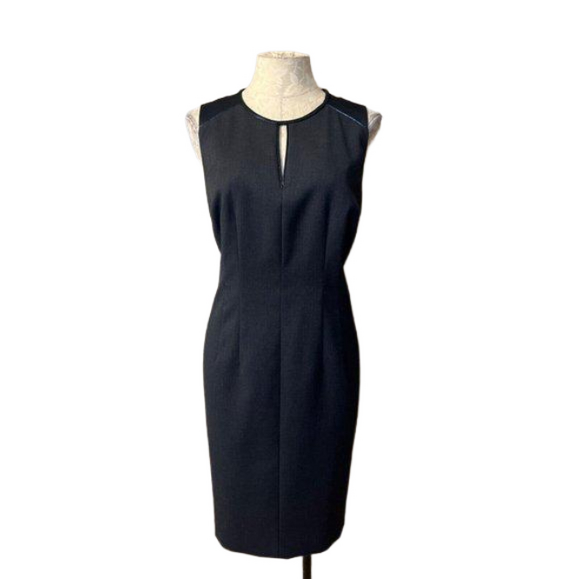 Elie Tahari Dress 8 Navy Blue Leather Trim Stretch Career Church